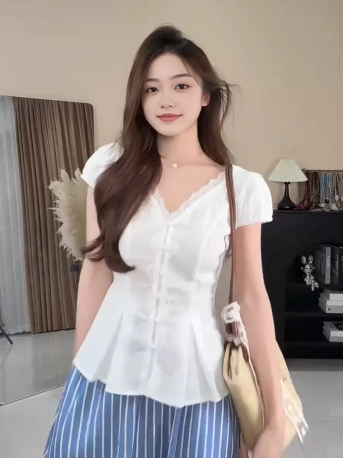 V Collar White Top