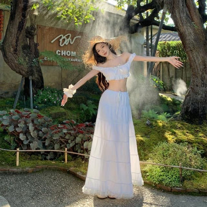White Off Shoulder Crop Top Long Skirt TWO Pieces Set