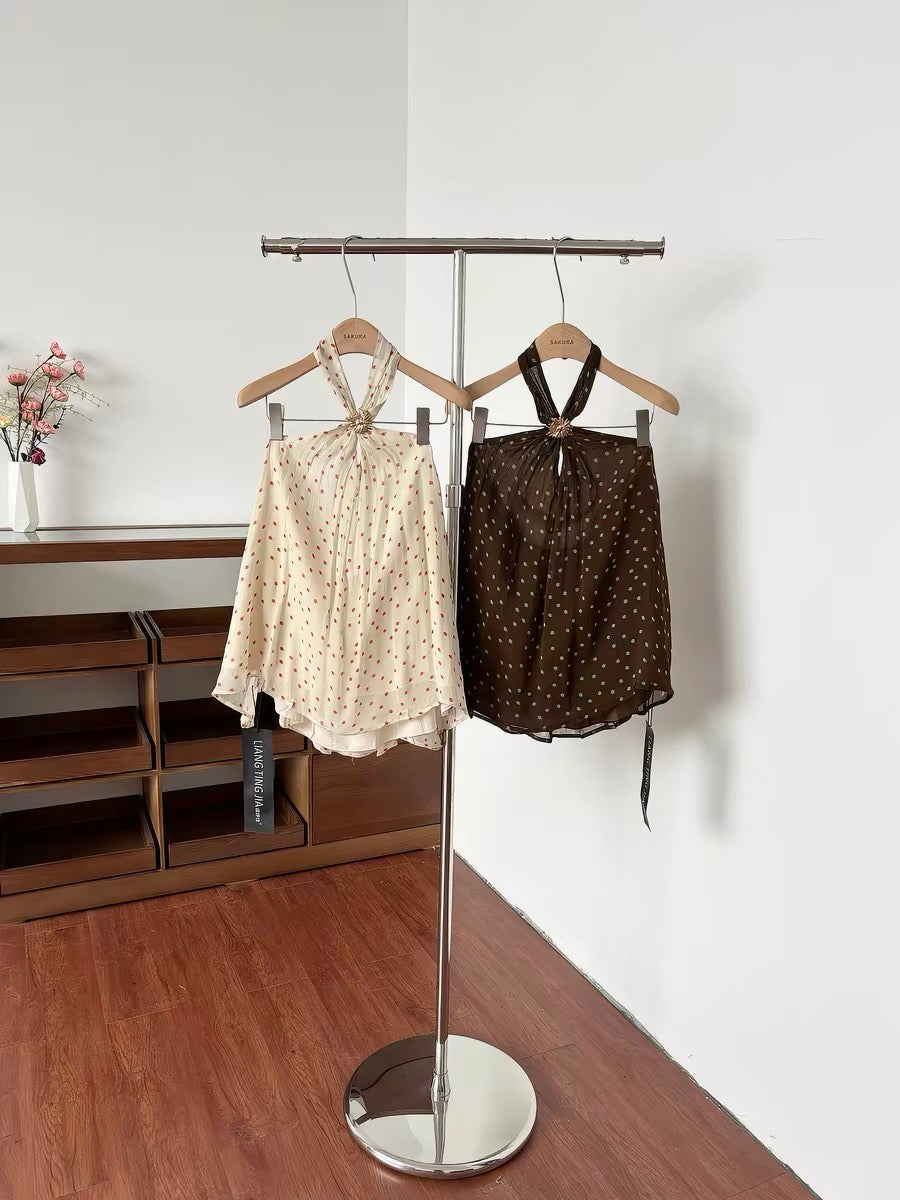 Polka Dot Round Neck Chiffon Long Top