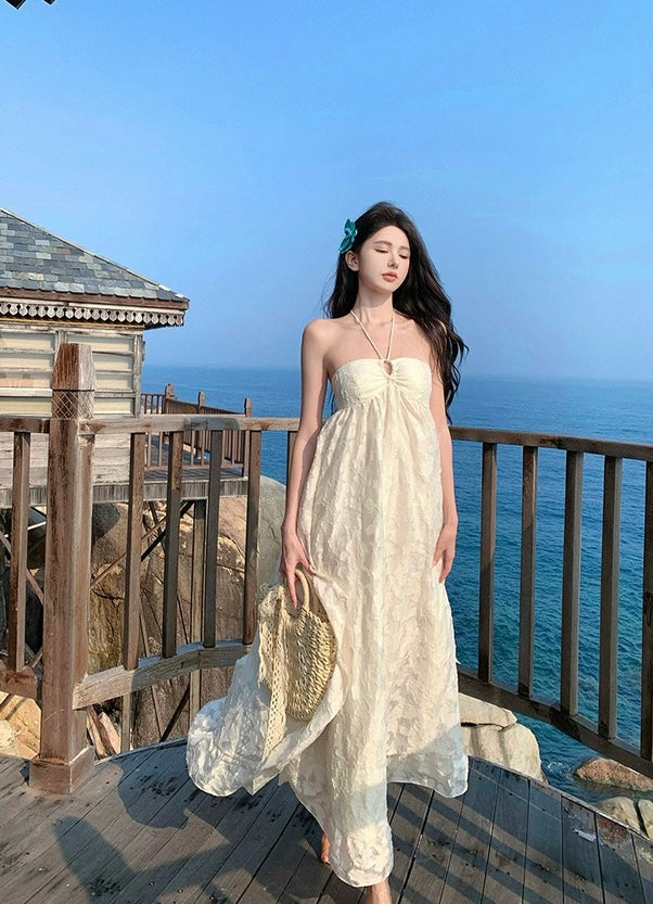 Floral Bareback Beige Tube Long Dress