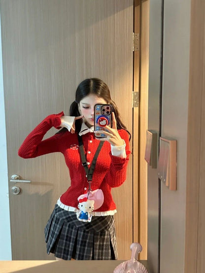 Cute Collar Red Long Sleeve Knitted Top