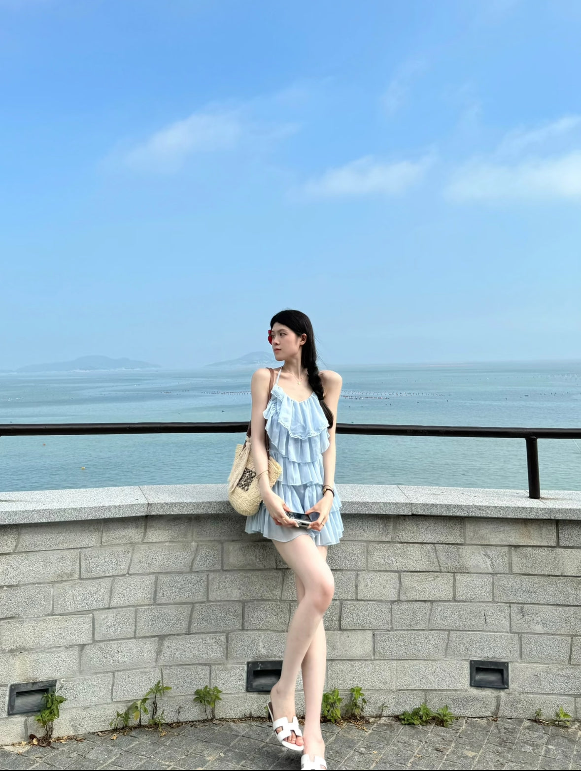 Beige/Blue Bareback Layered Dress