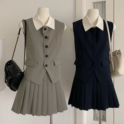 Collar Top + Pleated Skirt Two Piece Set (Khaki, Black)S size