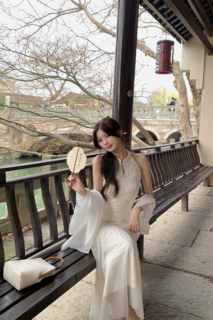 Beige Cheongsam CD022 Long Dress With Cardigan (S, M)