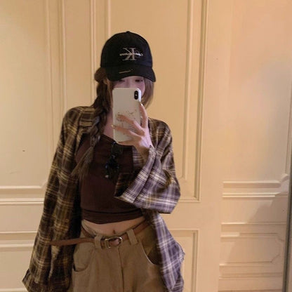 Brown Grid Long Sleeve Shirt