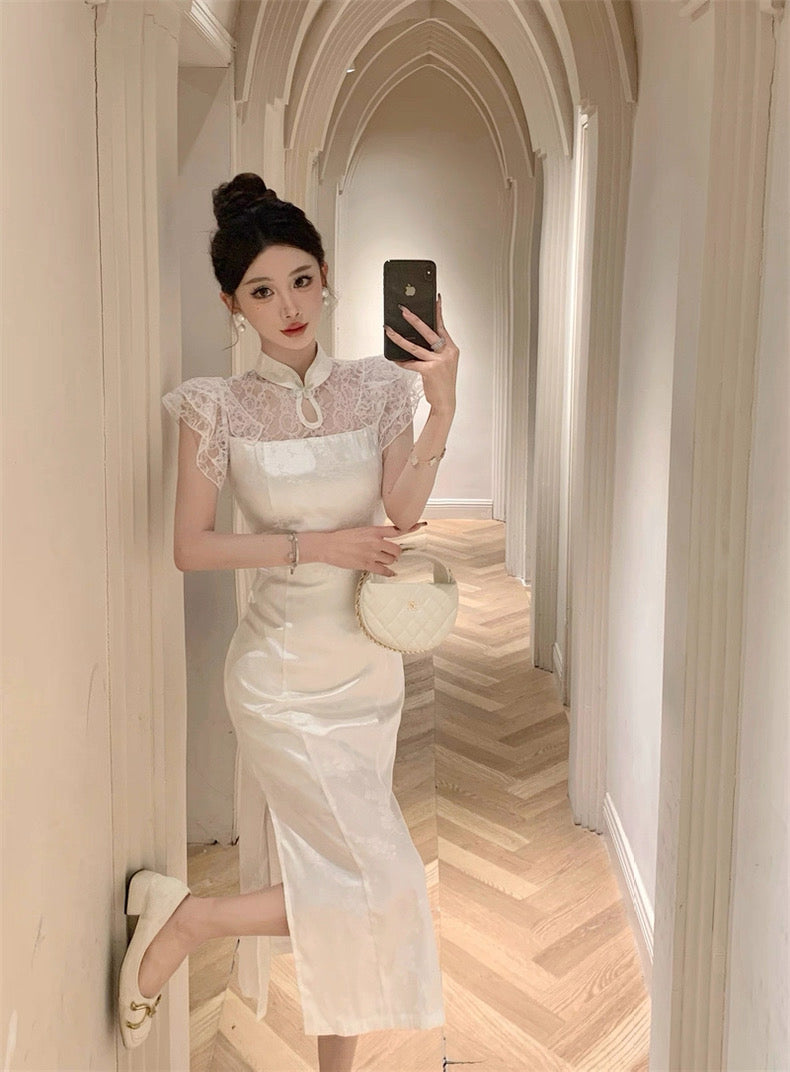 Lace Collar White Cheongsam CD001 Long Dress (S)