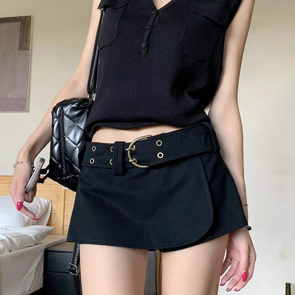 Black Low Waist Mini Skort Shorts SK39 (S)