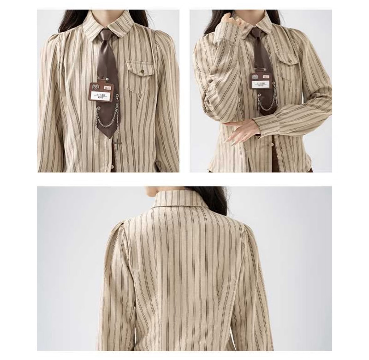 Khaki Stripe Uni Long Sleeve Top With Tie &amp; Tag