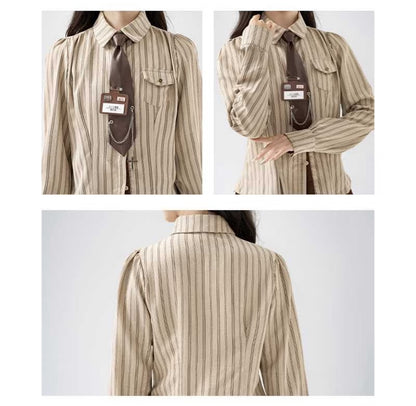 Khaki Stripe Uni Long Sleeve Top With Tie &amp; Tag