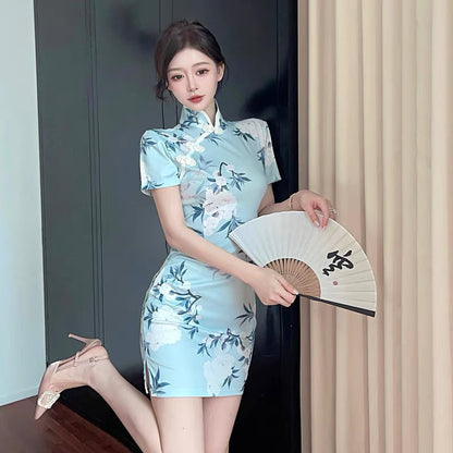 White Flo Blue Cheongsam CD009 Dress (S)