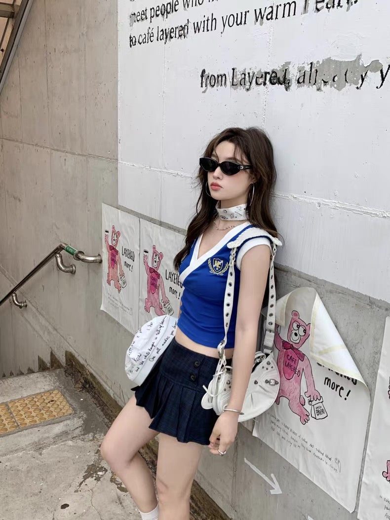 Uni V Collar Top + Skirt Two Piece Set (S, M)