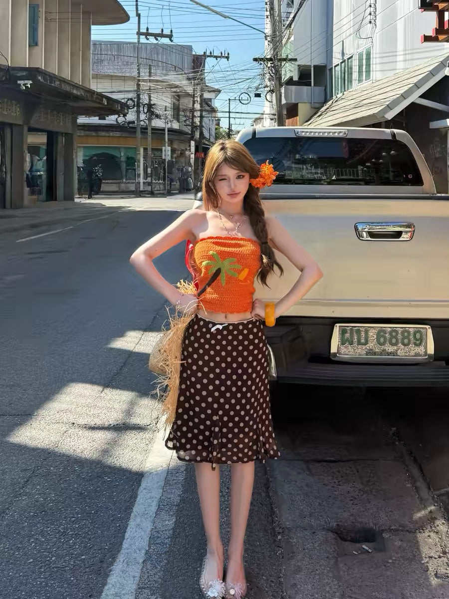 Orange Top + Brown Polka Dot Skirt Two Piece Set