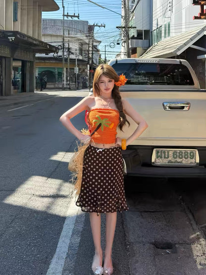 Orange Top + Brown Polka Dot Skirt Two Piece Set