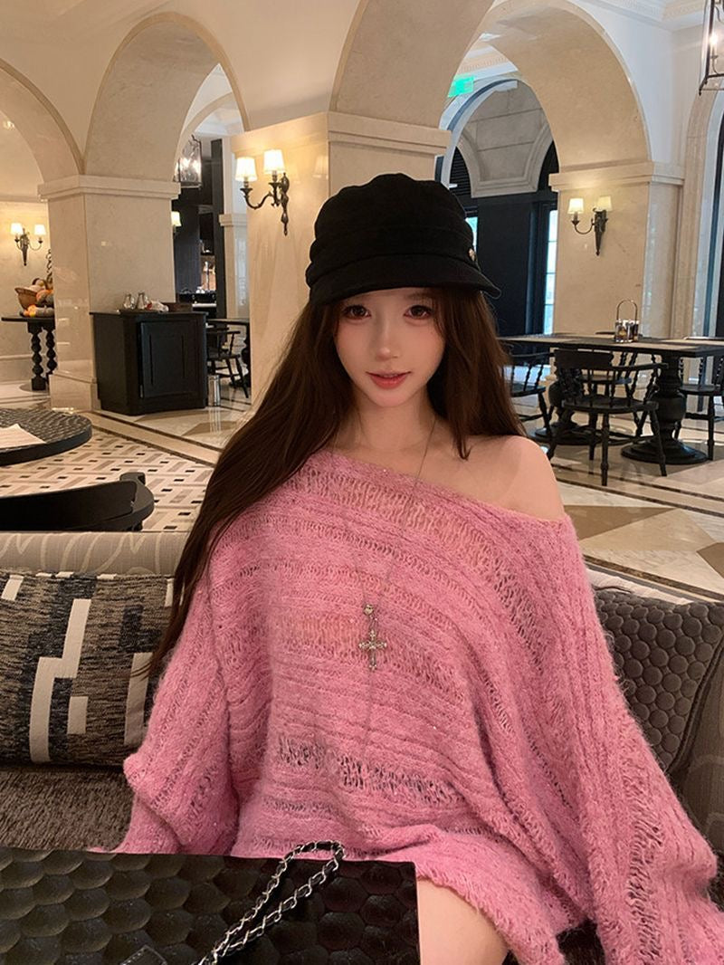 Off Shoulder Long Sleeve Pink Knitted Top