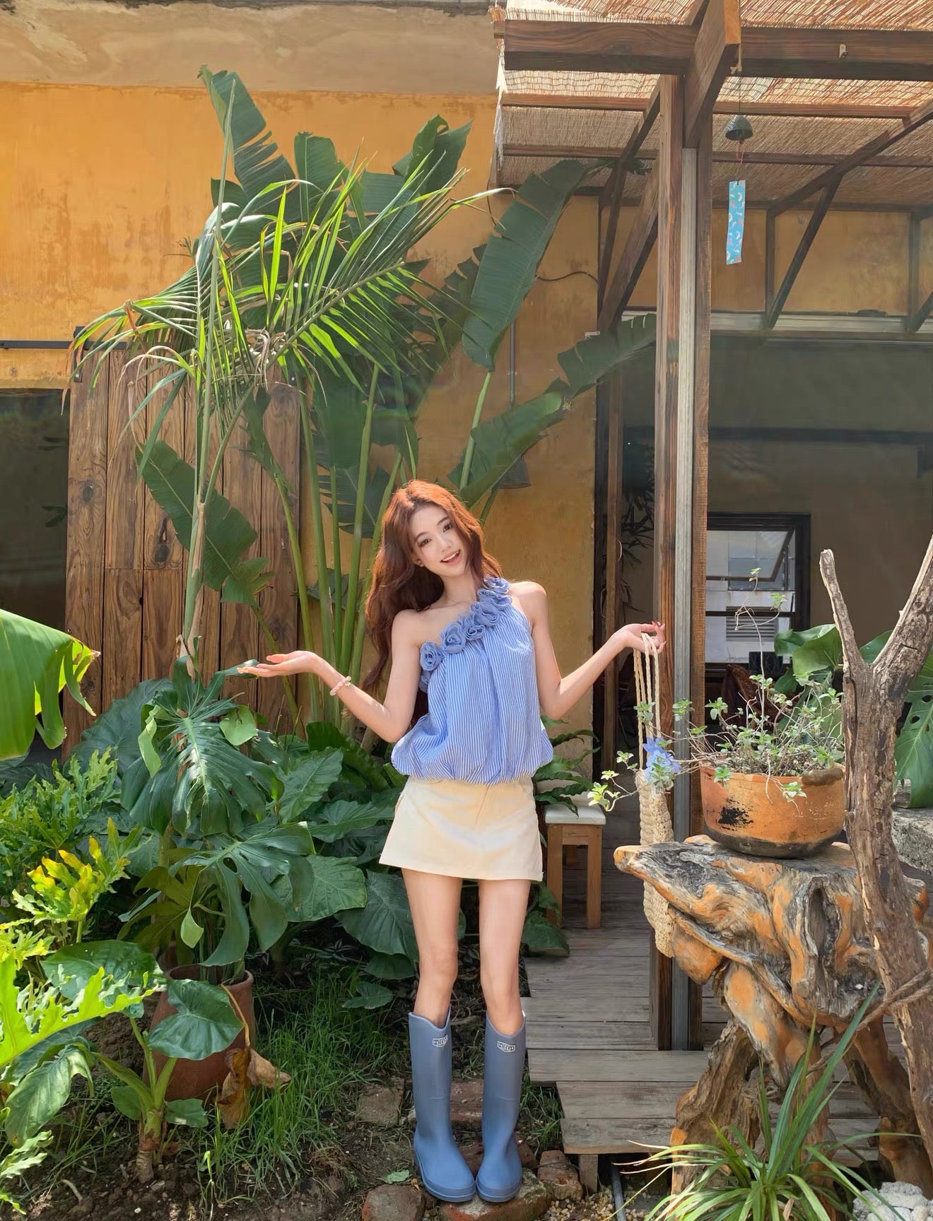 3D Rose Collar Off Side Shoulder Top