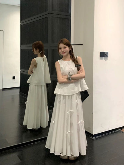 White Ribbons Sleeveless White Top + Skirt Two Piece Set