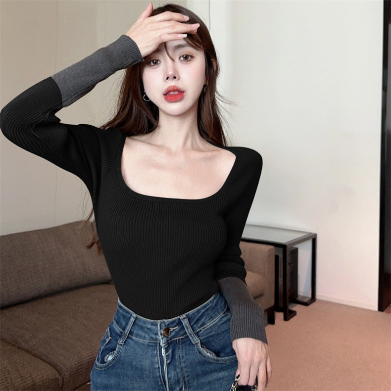 U Collar Knitted Two Tone Sleeve Top (Black)