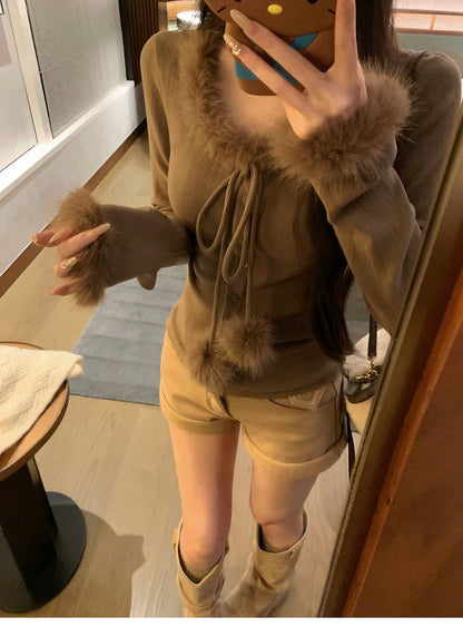 Furry Collar Coffee Knitted Long Sleeve Top