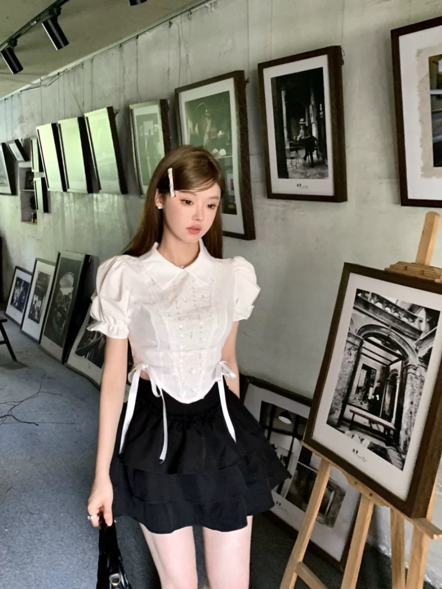 Waist Ribbon Puff Sleeve White Top