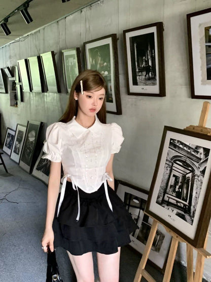 Waist Ribbon Puff Sleeve White Top