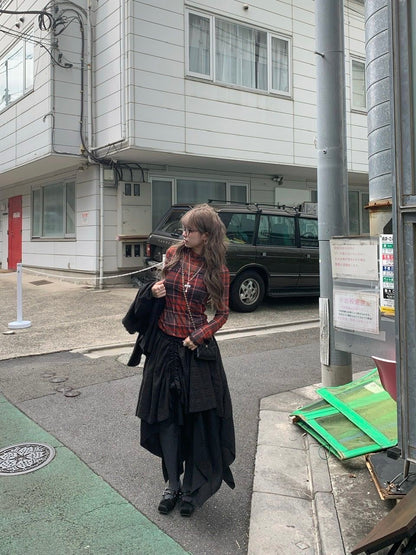 Mesh Grid Red Long Sleeve Top