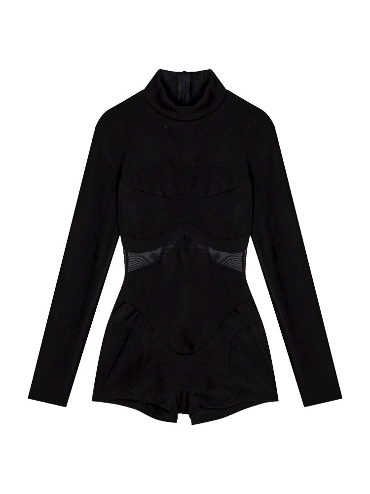 Halter Black Waist Cut Long Sleeve Romper