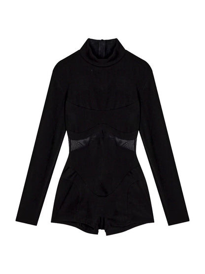 Halter Black Waist Cut Long Sleeve Romper