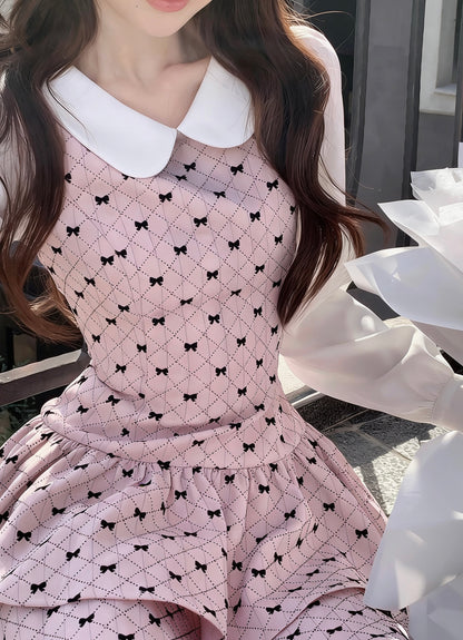 Premium Pinky Bow Long Sleeve Dress
