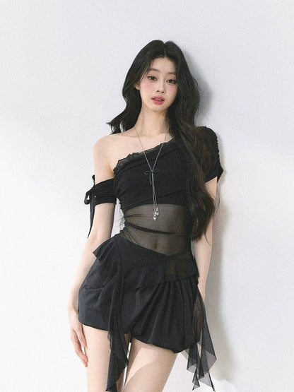 Laces Mesh Side Off Shoulder Sleeve Top