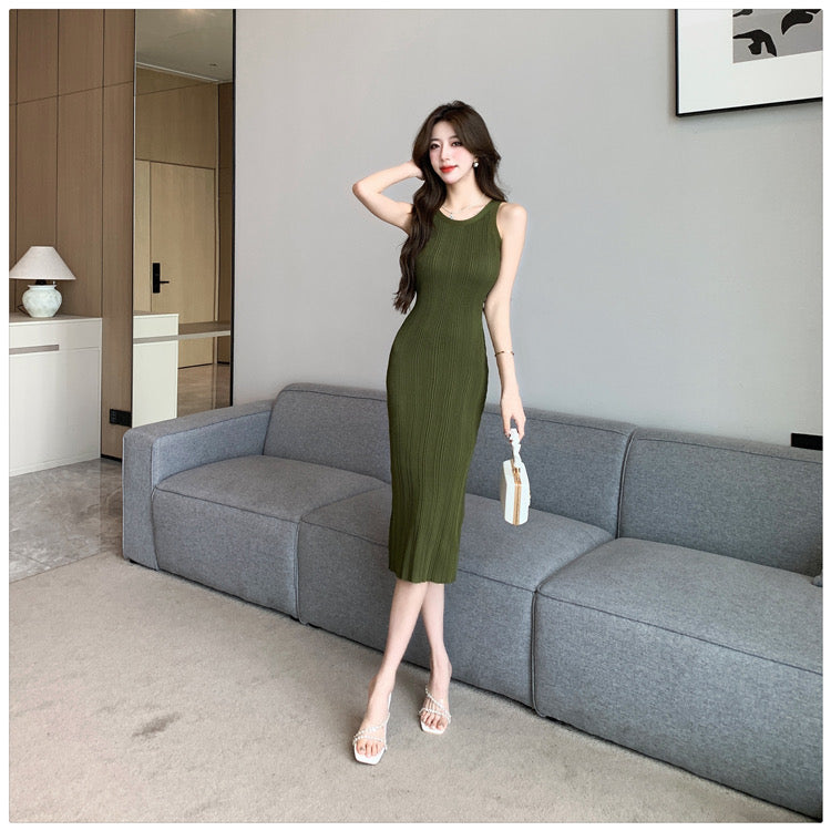 Sleeveless Khaki Knitted Long Dress