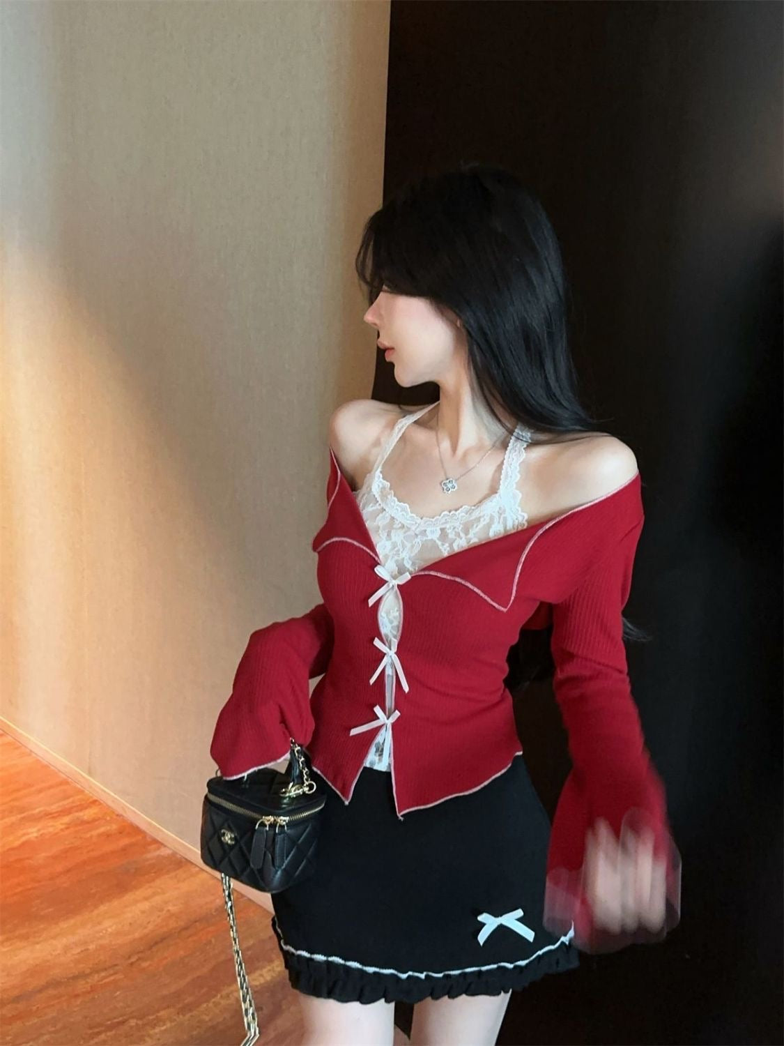 Mix White Laces Red Long Sleeve Top