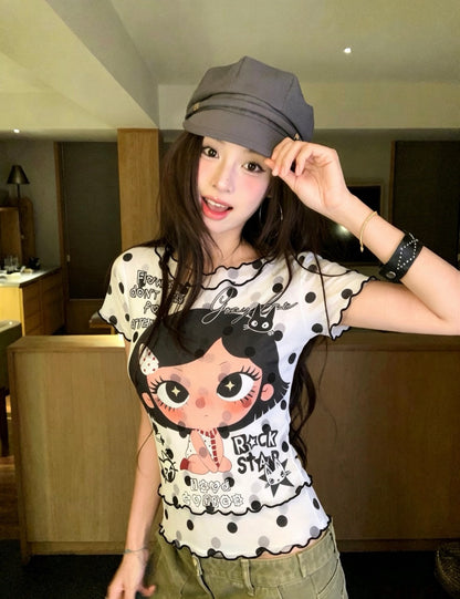 Black Dot White Mesh Top