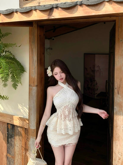 Embroidery Beige Top + Skirt Two Piece Set(XS, S, M)