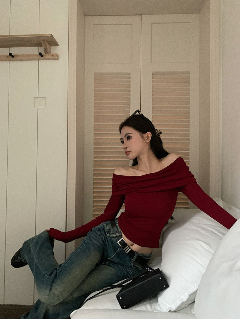 Off Shoulder Wine Red Long Sleeve Top