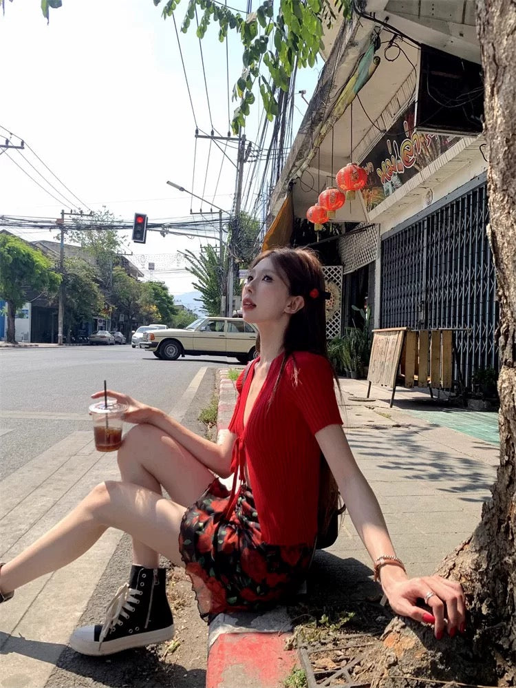 Red Short Sleeve Knitted Cardigan