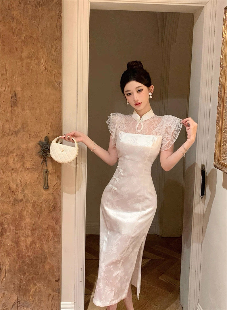 Lace Collar White Cheongsam CD001 Long Dress (S)