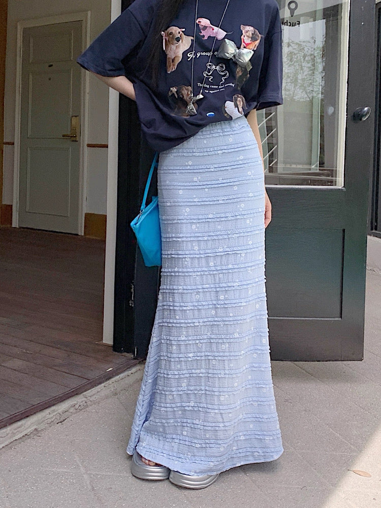 White Mini Flower Long Skirt (Blue, Yellow)