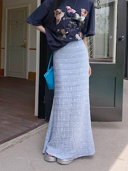 White Mini Flower Long Skirt (Blue, Yellow)