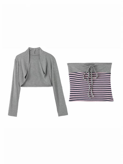 Pink Stripe Knitted Top + Cardigan Two Piece Set