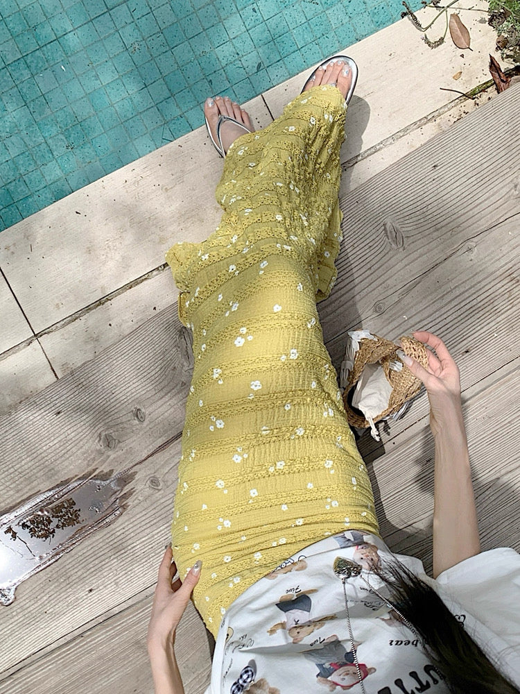 White Mini Flower Long Skirt (Blue, Yellow)