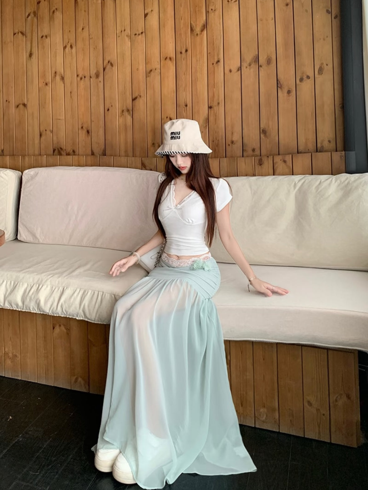 White Top + Mint Skirt Two Piece Set