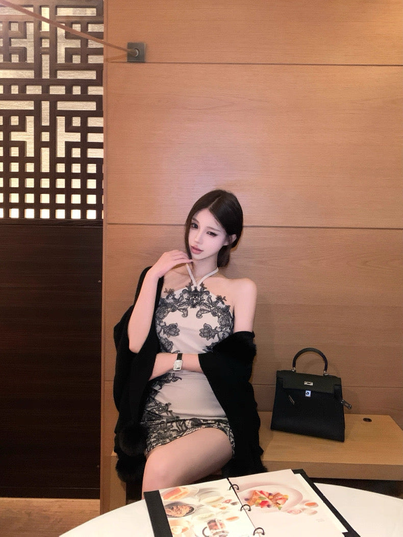 Black Lace Khaki Dress