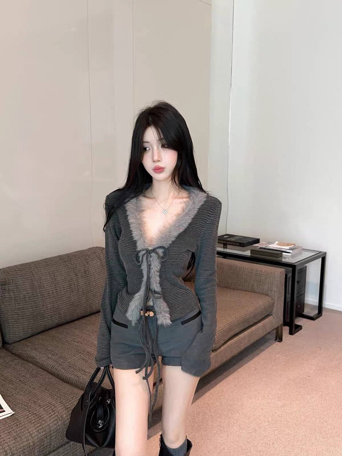 Little Fur Stripe Long Sleeve Top
