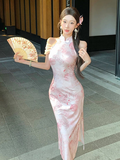 Pink Mesh Sleeve Cheongsam CD016 Long Dress (M）