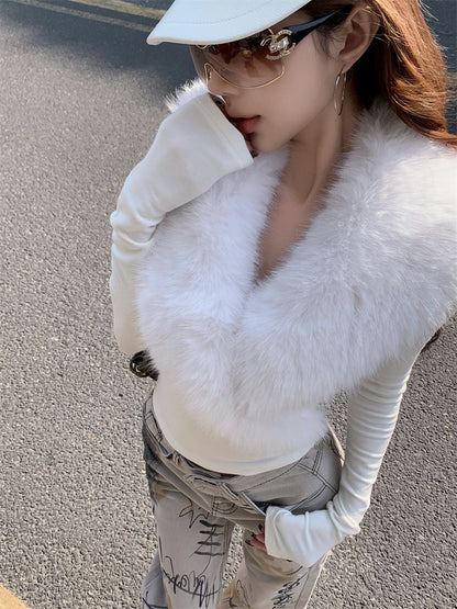 Furry Collar Knitted Long Sleeve Top (Black, White)
