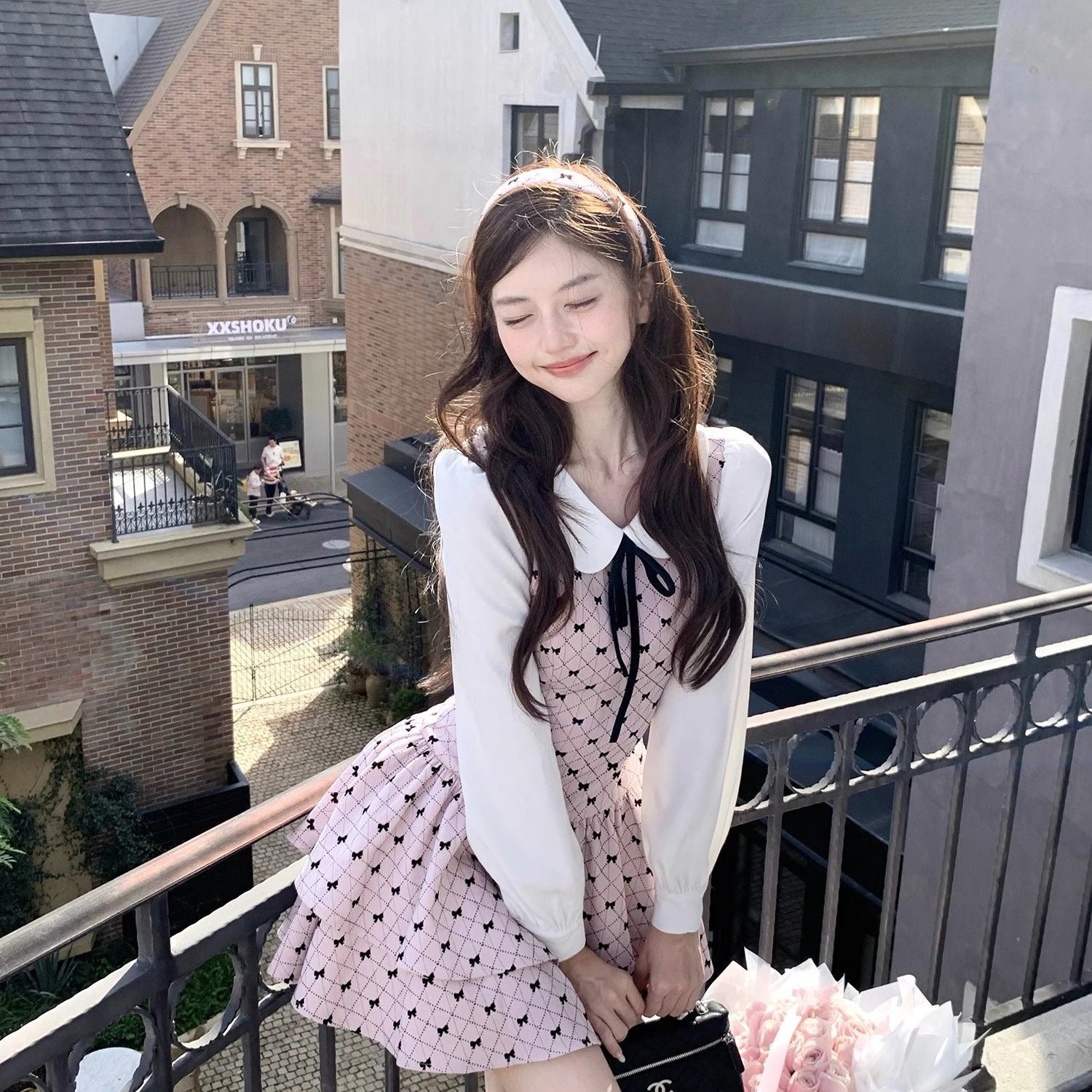 Premium Pinky Bow Long Sleeve Dress