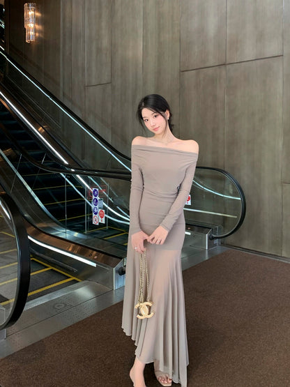 Off Shoulder Mix Mesh Long Sleeve Long Dress