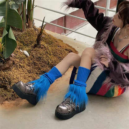 S018 Colour Bottom Furry Midi Socks