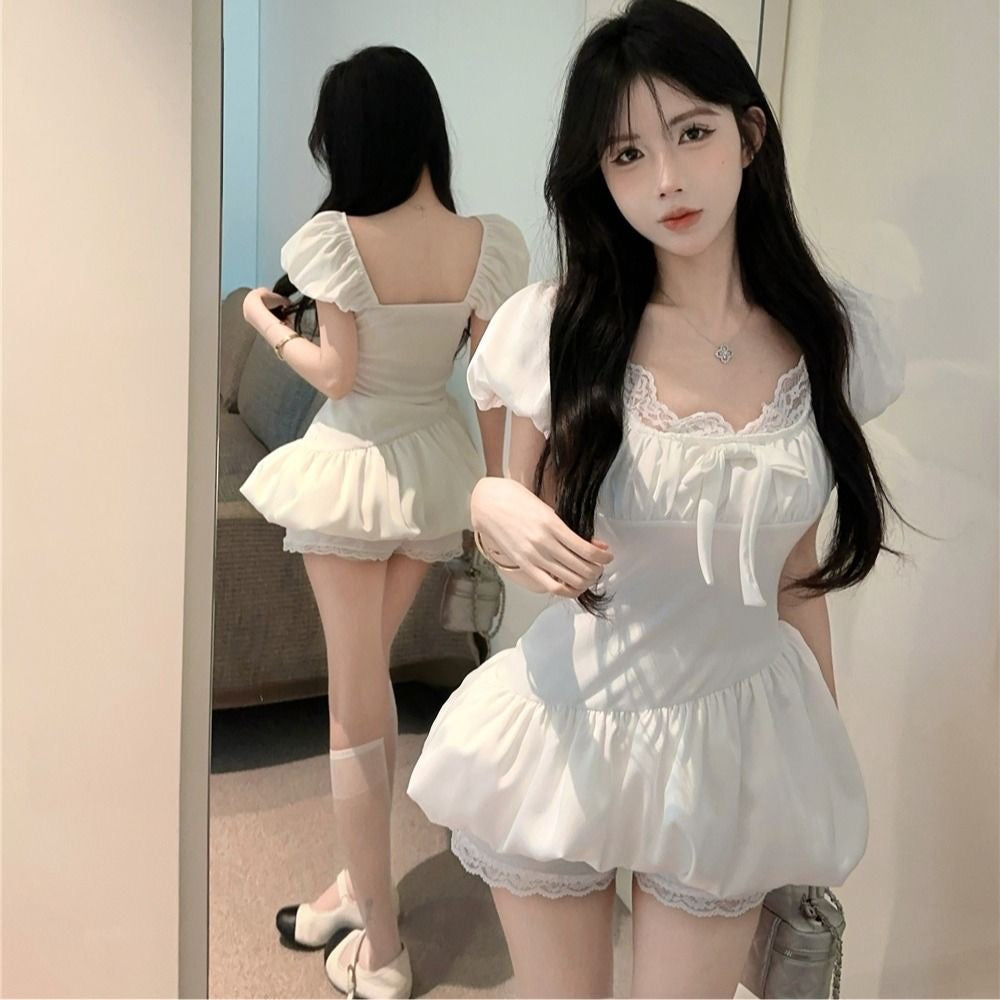 Silk White Puff Sleeve Mini Dress + Shorts Two Piece Set (S)