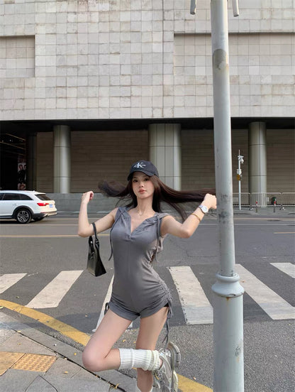 Sleevless Hat Romper (Black,Grey)